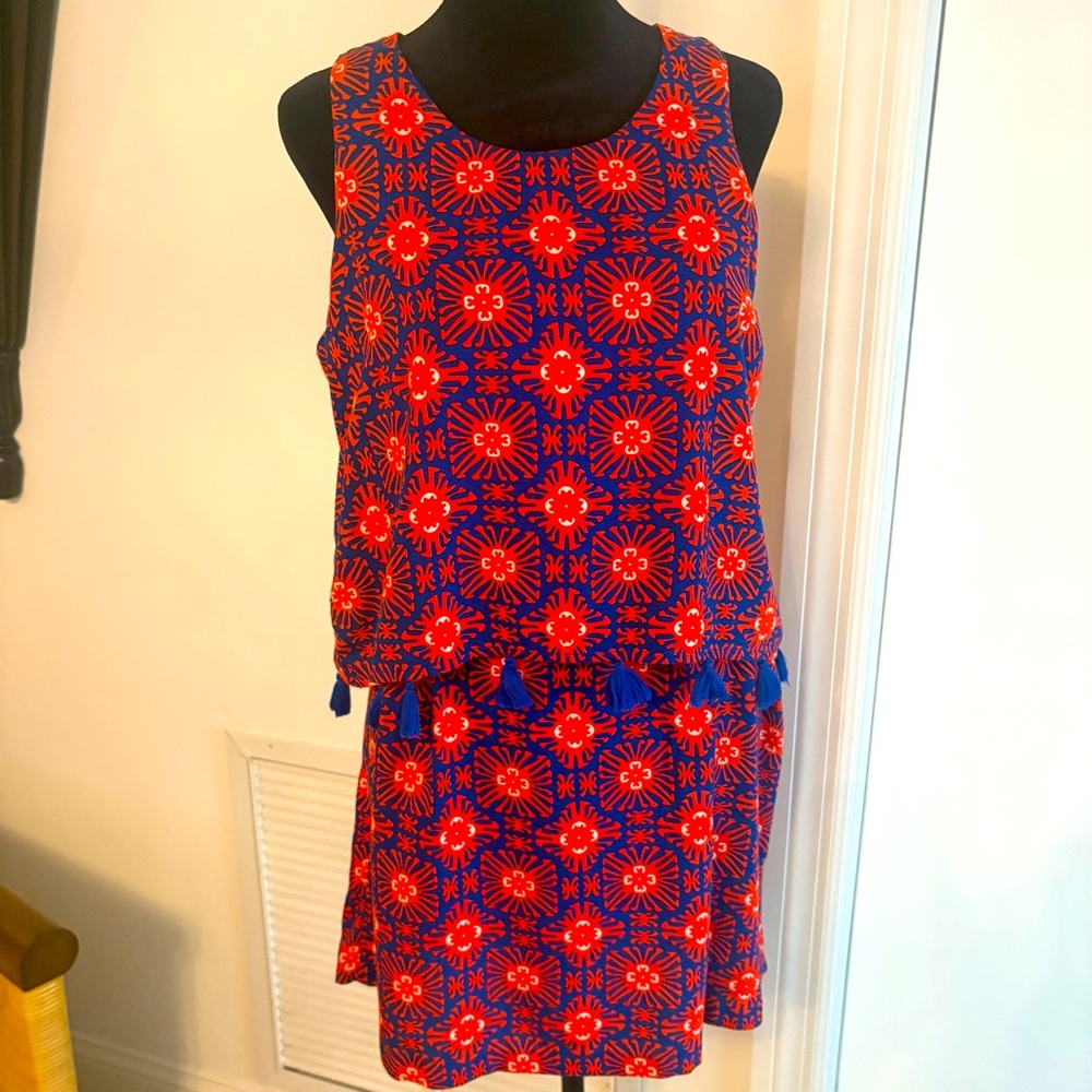 ESCAPADA Red White & Blue Print Sleeveless Shift Dress! Tassels! Overlay! Small